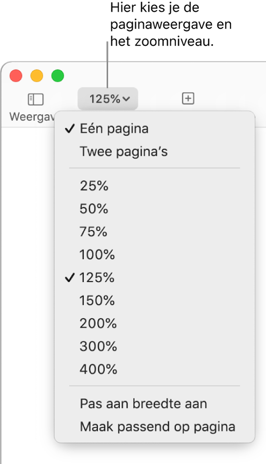 Het pop‑upmenu 'Zoom' met bovenaan opties voor het weergeven van één of twee pagina's, daaronder zoompercentages van 25% tot en met 400%, en onderaan de opties 'Pas aan breedte aan' en 'Maak passend op pagina'.