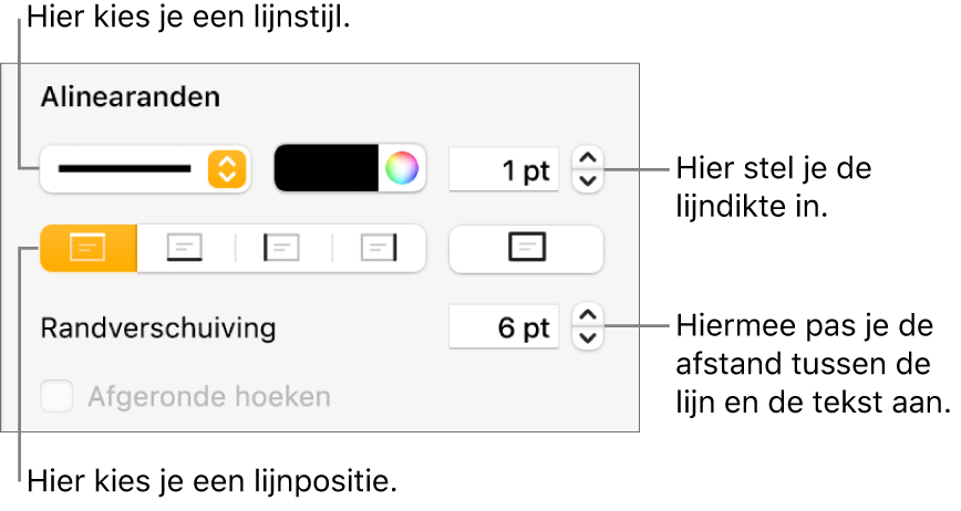 Regelaars voor het wijzigen van de stijl, dikte, positie en kleur van de lijn.