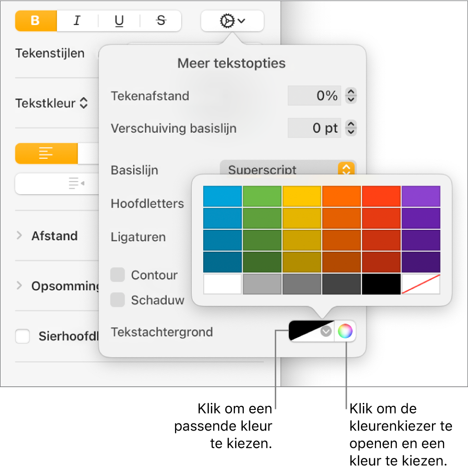 Regelaars voor het kiezen van een achtergrondkleur voor tekst.