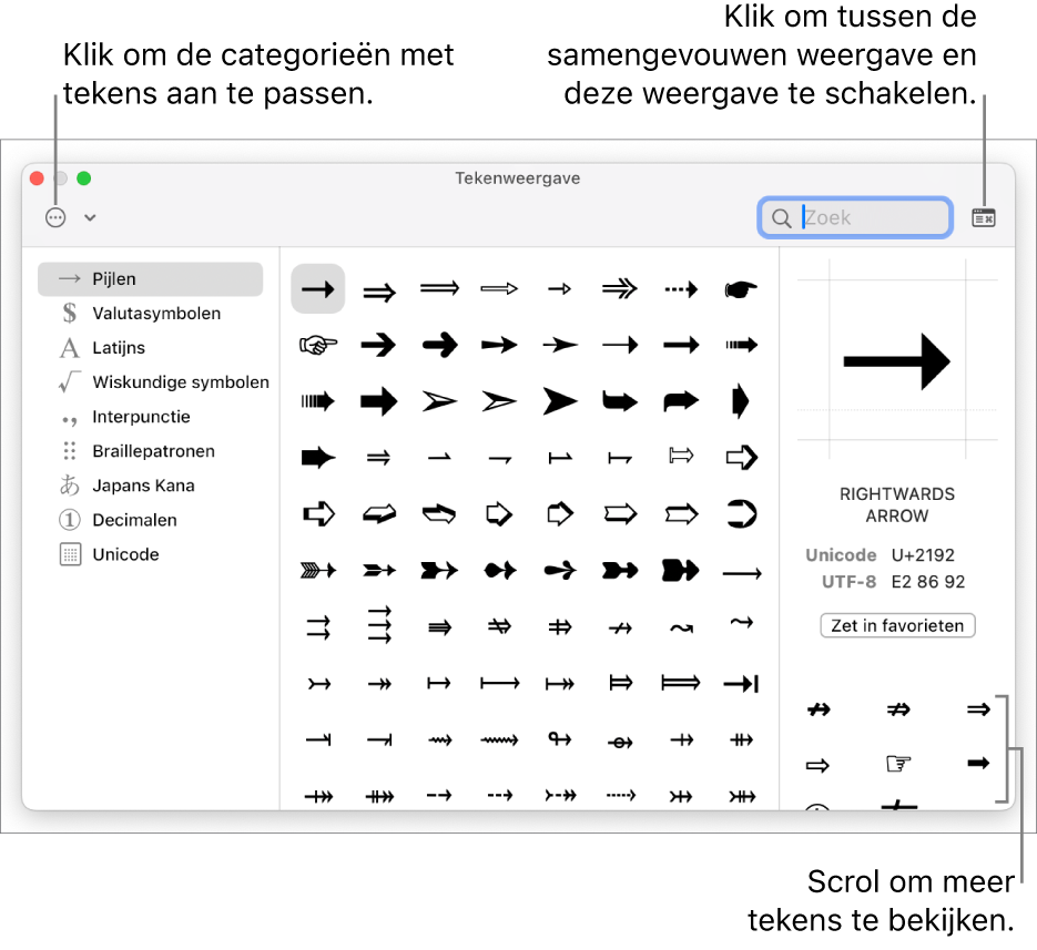 De uitgevouwen tekenweergave met speciale tekens en symbolen, een menu voor verschillende categorieën met symbolen aan de linkerkant, en een knop in de rechterbovenhoek waarmee je terug kunt gaan naar de samengevouwen weergave.