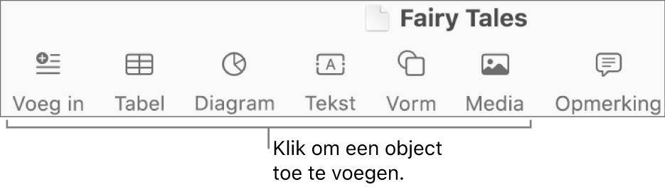 De knoppenbalk met knoppen voor het toevoegen van tabellen, diagrammen, tekst, vormen en media.