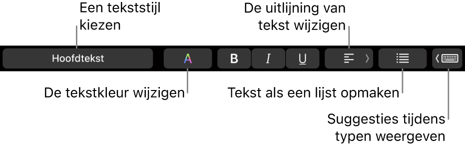 De Touch Bar op een MacBook Pro met regelaars voor het kiezen van een tekststijl, het wijzigen van de tekstkleur, het wijzigen van de tekstuitlijning, het opmaken van tekst als een lijst en het weergeven van suggesties tijdens het typen.