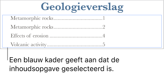 Een inhoudsopgave in een document. Deze bevat een lijst met koppen met het bijbehorende paginanummer.