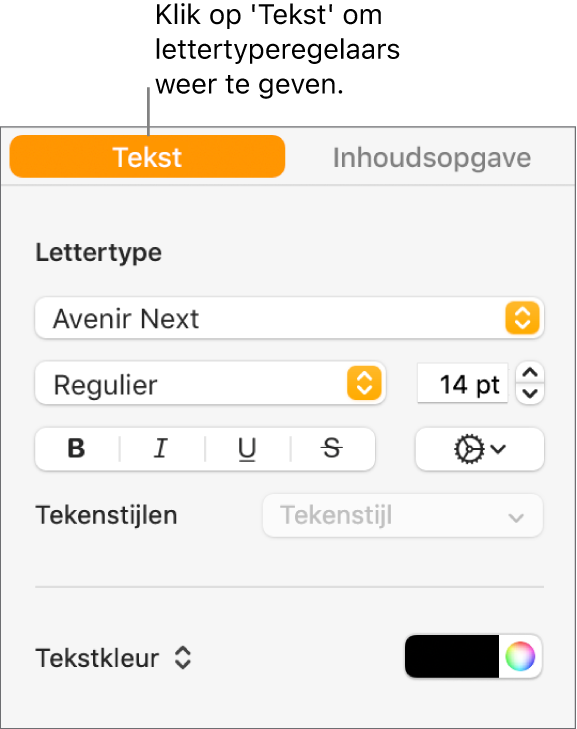 Het tabblad 'Tekst' in de navigatiekolom 'Opmaak' met regelaars voor het wijzigen van het lettertype en de lettergrootte en voor het toevoegen van tekenstijlen.