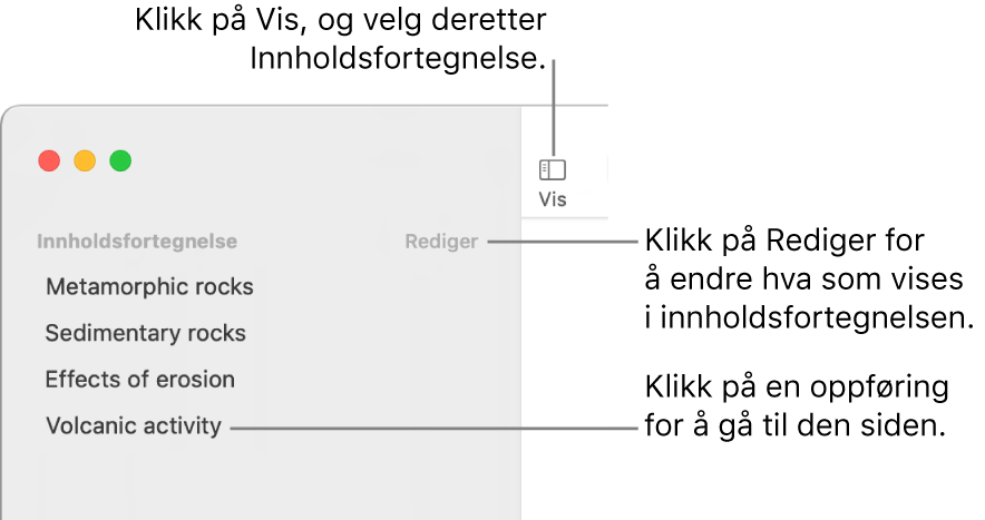 Innholdsfortegnelsen på venstre side av Pages-vinduet med en Rediger-knapp øverst til høyre i sidepanelet og innholdsfortegnelseoppføringer i en liste.