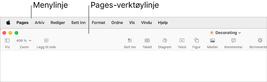 Menylinjen øverst på skjermen med menyene Apple, Pages, Arkiv, Rediger, Sett inn, Format, Ordne, Vis, Del, Vindu og Hjelp. Under menylinjen er det et åpent Pages-dokument med verktøylinjeknapper øverst for Vis, Zoom, Legg til side, Sett inn, Tabell, Diagram, Tekst, Figur, Medier og Kommentar.