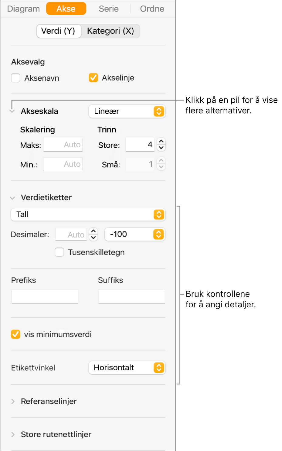 Kontroller for å formatere diagramaksemerker.