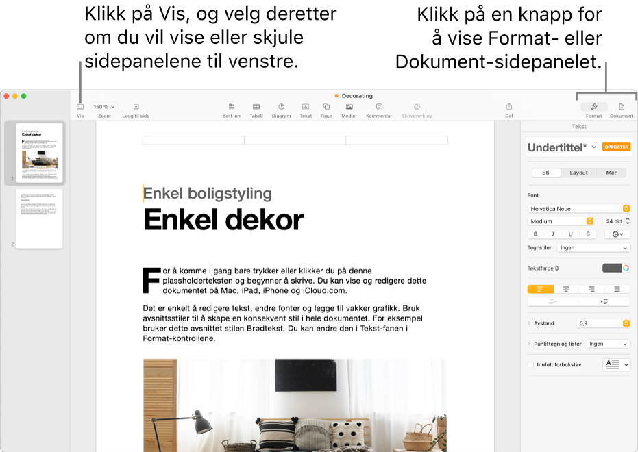 Pages-vinduet med forklaringer på Vis meny-knappen og Format- og Dokument-knappene i verktøylinjen. Åpne sidepaneler til høyre og venstre.