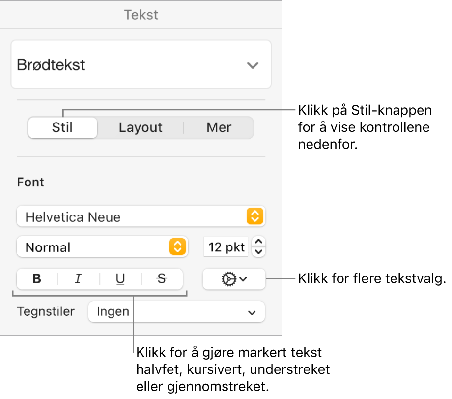 Stil-kontrollene i Format-sidepanelet med bildeforklaringer for Halvfet-, Kursiv-, Understreket- og Gjennomstreket-knappene.