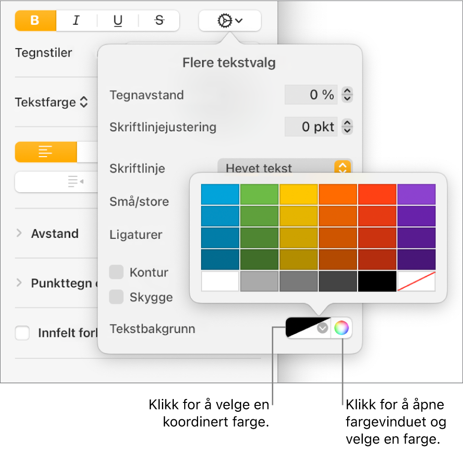 Kontroller for valg av bakgrunnsfarge for tekst.