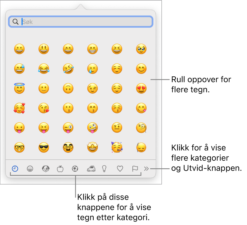 Tegnvisning viser emojier, knapper for forskjellige kategorier med symboler nederst og en knapp for å vise flere kategorier og Utvid-knappen.