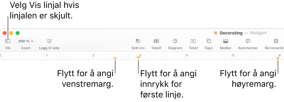 Linjalen med venstre margkontroll og innrykkskontroll for første linje.