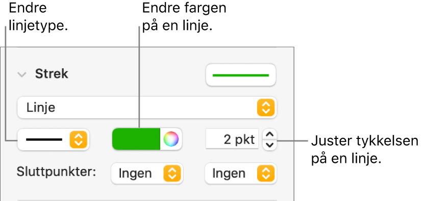 Strekkontroller for å angi sluttpunkter, linjetykkelse og farge.