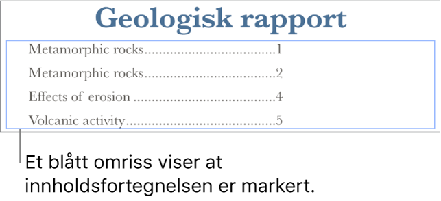 En innholdsfortegnelse som er satt inn i et dokument. Oppføringer viser overskrifter sammen med deres sidetall.