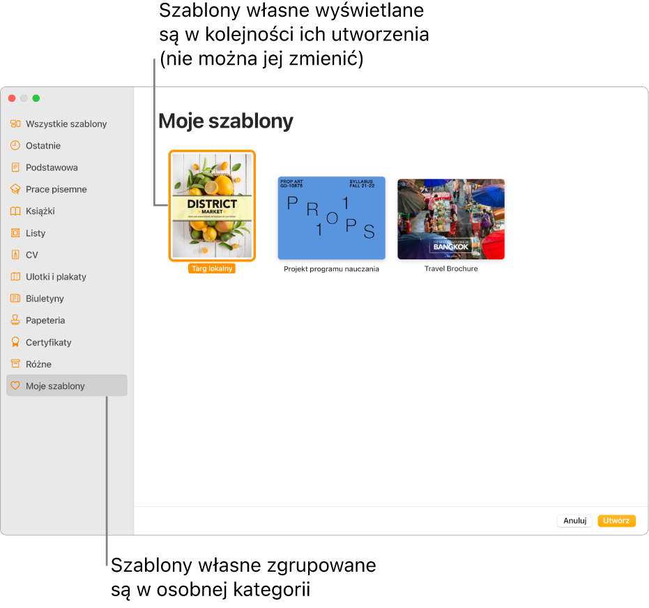 Paleta szablonów z widocznymi po lewej kategoriami. Ostatnia kategoria to Moje szablony. Szablony własne wyświetlane są w kolejności ich utworzenia i nie można zmienić ich ułożenia.