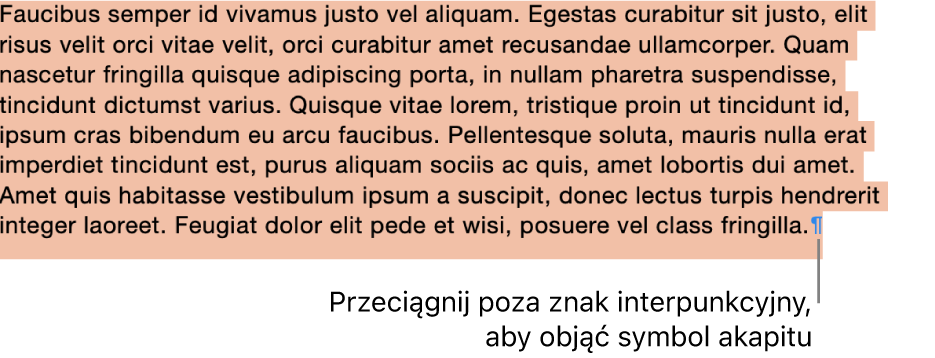 Zaznaczony akapit. Zaznaczenie obejmuje symbol akapitu.