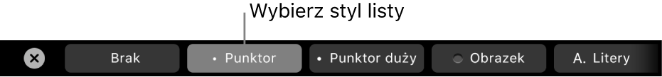 Pasek Touch Bar na MacBooku Pro, zawierający narzędzia do wybierania stylu listy.