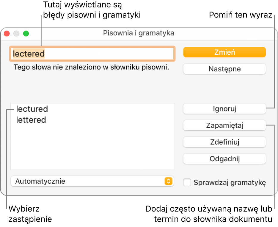 Okno pisowni i gramatyki.