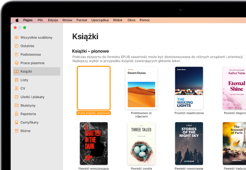 Paleta szablonów, zawierająca po lewej stronie listę kategorii, wśród których zaznaczona jest kategoria Książki. Po prawej stronie widoczne są szablony książek w orientacji pionowej.