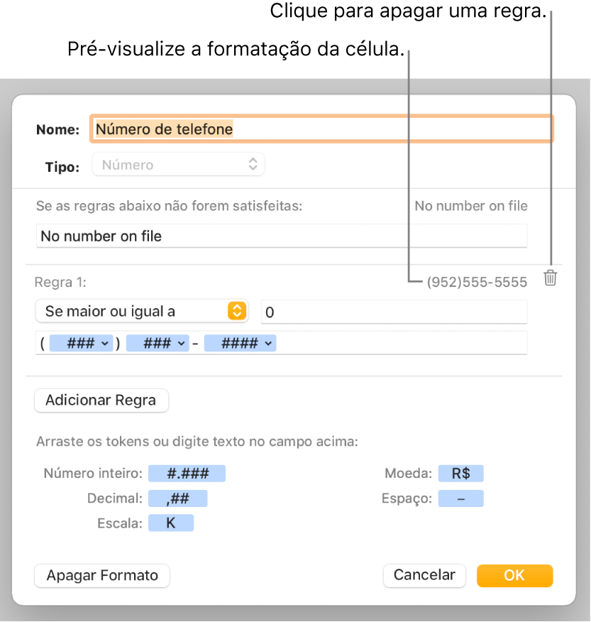 Janela de formato personalizado da célula, com controles para escolher formatação numérica personalizada.