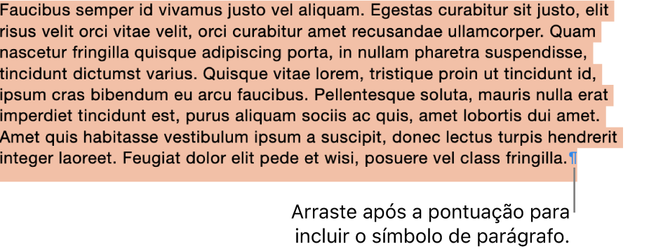 Um parágrafo selecionado, com o símbolo de parágrafo incluído na seleção.