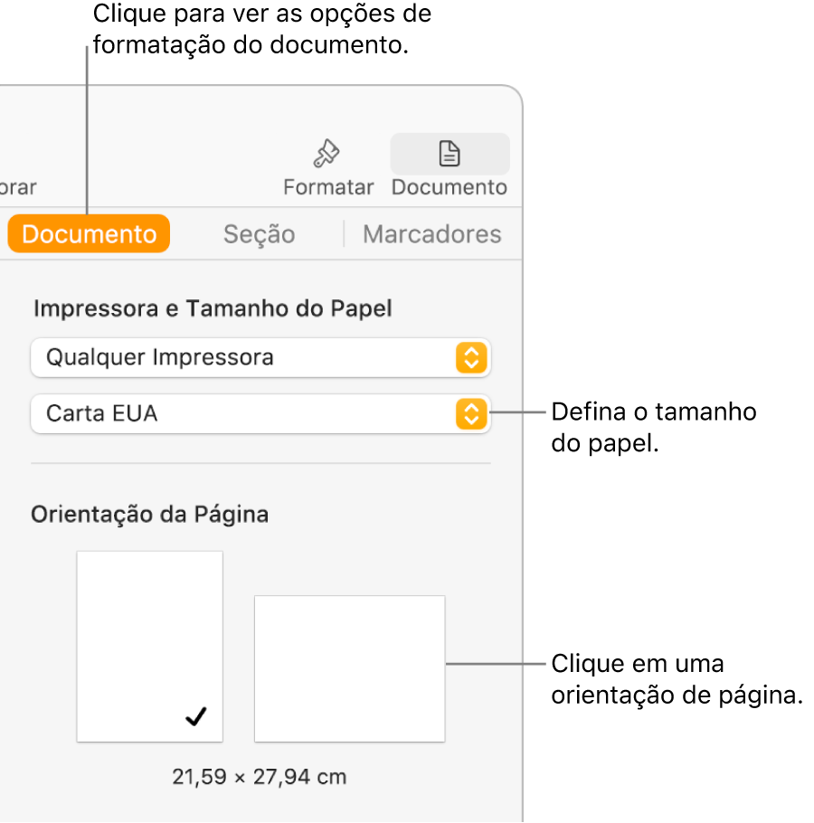 Barra lateral Documento com a aba Documento na parte superior da barra lateral selecionada. Na barra lateral estão um menu pop-up para definir o tamanho do papel e botões para orientação vertical ou horizontal de página.