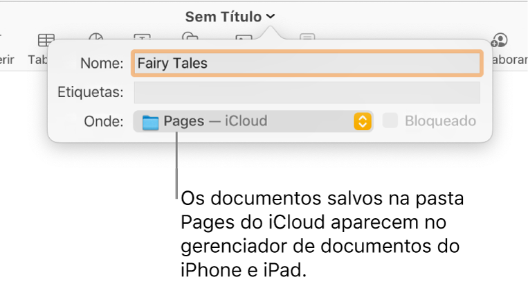 Caixa de diálogo Salvar em um documento com Pages — iCloud no menu pop-up Onde