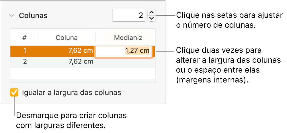 Painel Layout do inspetor Formatar, exibindo os controles de coluna.