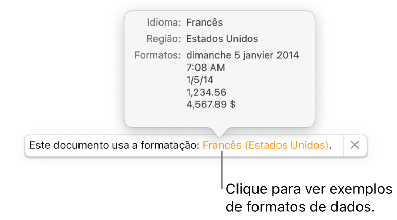 A notificação da configuração diferente de idioma e região, com exemplos de formatação no idioma e região diferentes.