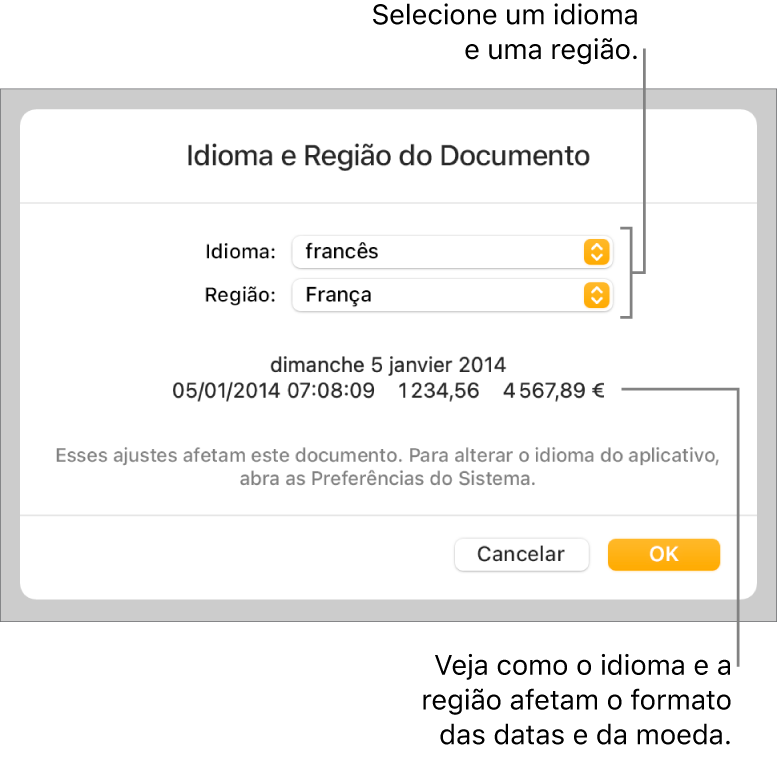 Painel “Idioma e Região” com controles para idioma e região e um exemplo de formatação, incluindo data, hora, decimal e moeda.