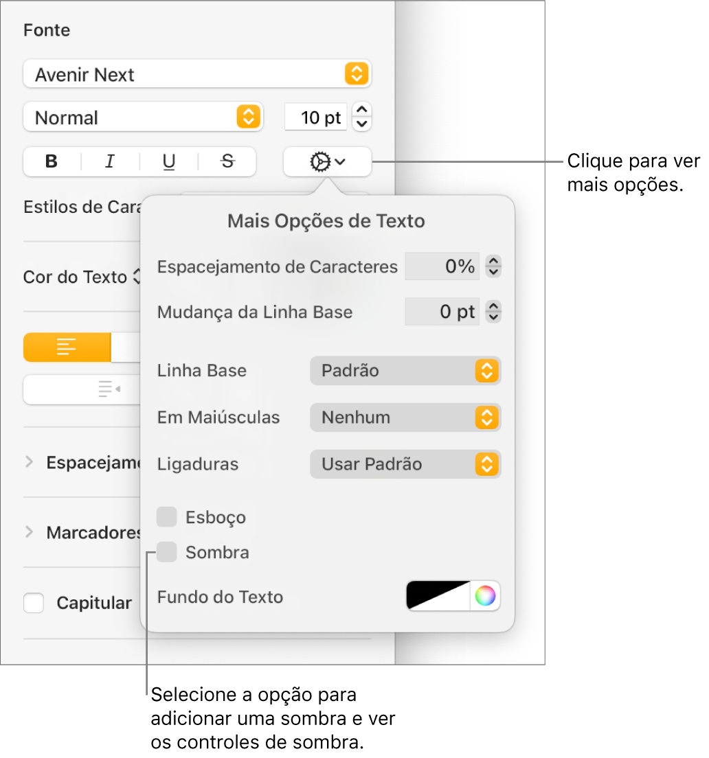 O menu Opções Avançadas se abre com a opção Sombra selecionada e controles para definir o desfoque, o deslocamento, a opacidade, o ângulo e a cor.