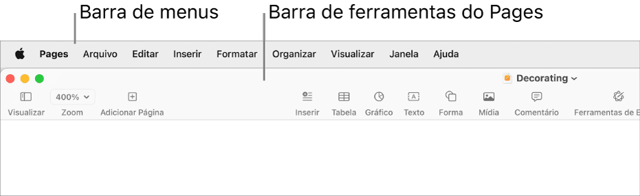 Barra de menus na parte superior da tela com os menus Apple, Pages, Arquivo, Editar, Inserir, Formatar, Organizar, Visualizar, Compartilhar, Janela e Ajuda. Abaixo da barra de menus está um documento do Pages aberto com botões da barra de ferramentas ao longo da parte superior: Visualizar, Zoom, Adicionar Página, Inserir, Tabela, Gráfico, Texto, Forma, Mídia e Comentário.