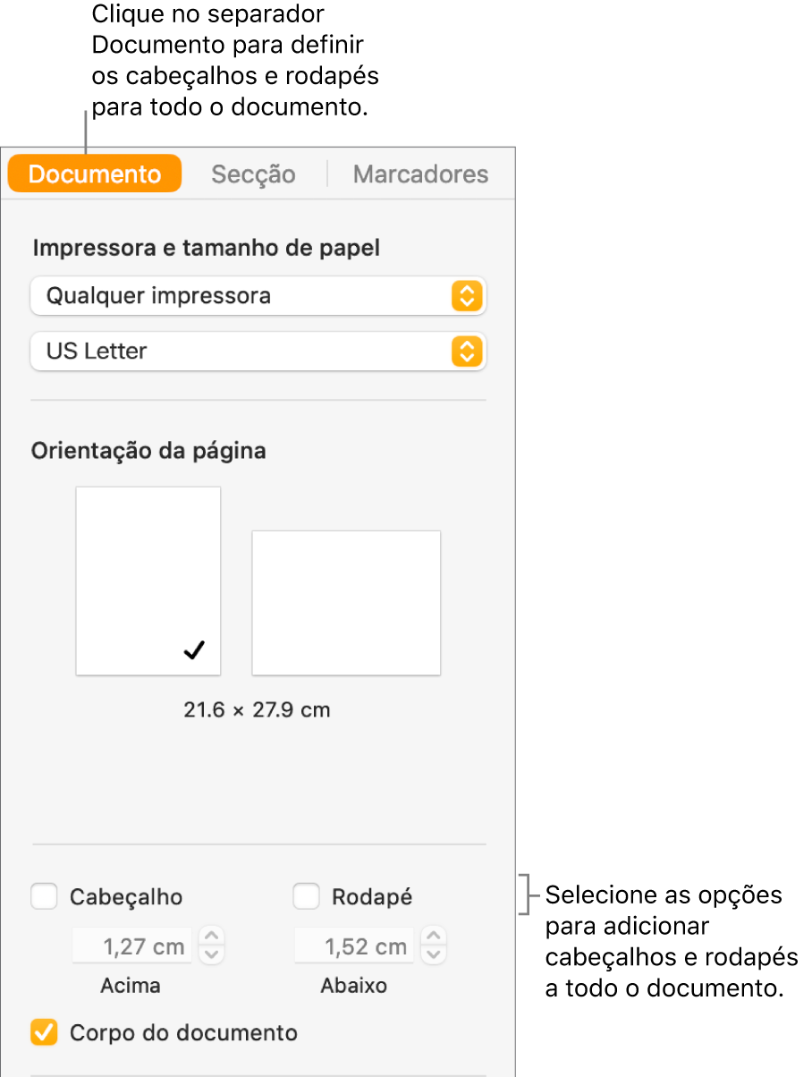 A barra lateral "Documento” com o separador "Documento” na parte superior da barra lateral selecionada. Por baixo das opções “Cabeçalho” e “Rodapé” estão setas para alterar a distância dos cabeçalhos e rodapés da parte superior e inferior da página.