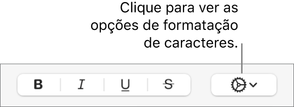 O menu pop-up “Mais opções de texto” à direita dos botões “Negrito”, “Itálico”, “Sublinhado” e “Riscado”.