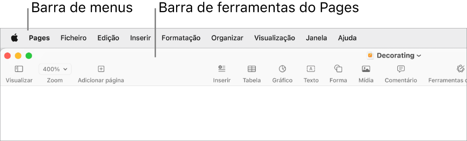 A barra de menus na parte superior do ecrã com os menus "Apple”, “Pages”, “Ficheiro”, “Edição”, “Inserção”, “Formatação”, “Ordem”, “Visualização”, “Janela” e “Ajuda”. Por baixo da barra de menus encontra-se um documento aberto do Pages com os botões da barra de ferramentas na parte superior para “Visualização”, “Ampliação”, “Adicionar página”, “Inserir”, “Tabela”, “Gráfico”, “Texto”, “Forma”, “Multimédia”, “Comentário”, “Partilhar” e “Formatação”.