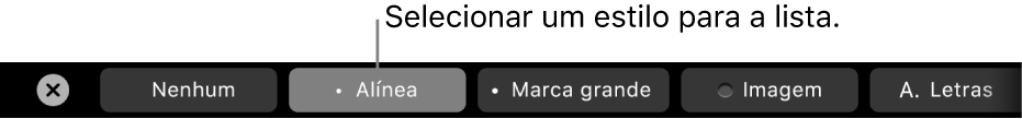 A Touch Bar do MacBook Pro com controlos para escolher um estilo de lista.