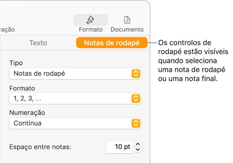 Painel “Notas de rodapé” a mostrar os menus pop-up “Tipo”, “Formato”, “Numeração” e espaço entre notas.