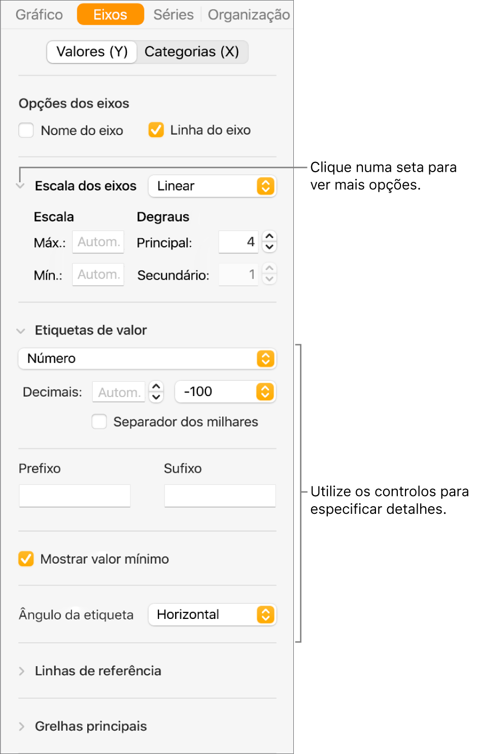 Controlo para formatar marcações do eixo do gráfico.