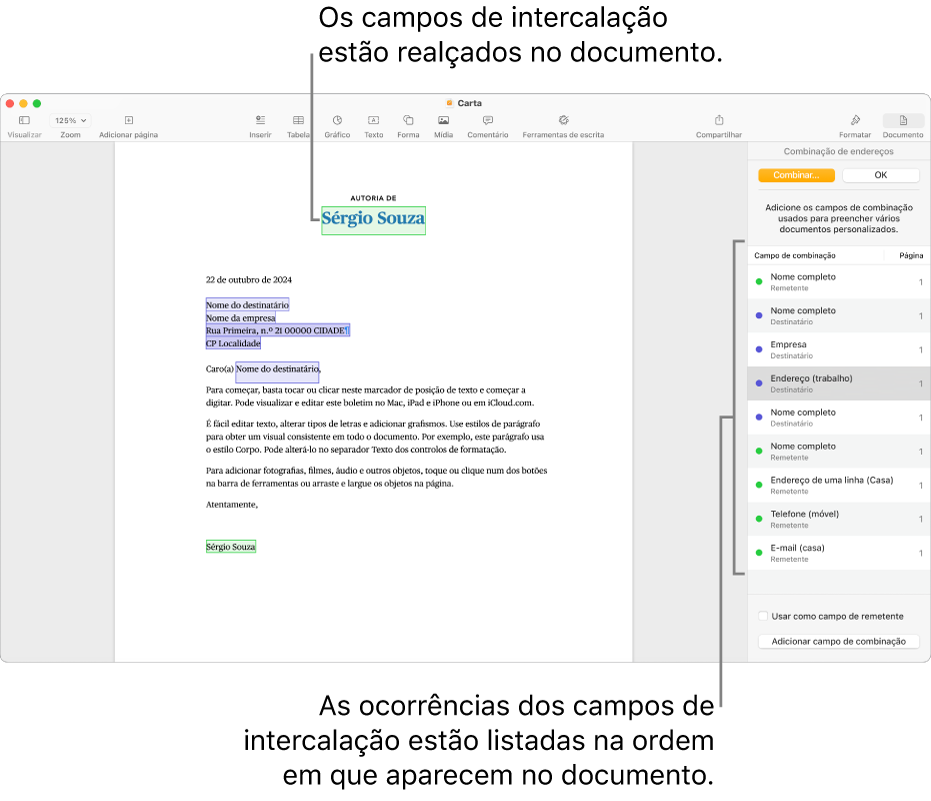 O documento do Pages com os campos de intercalação do destinatário e do remetente e a lista de ocorrências do campo de intercalação visível na barra lateral “Documento”.