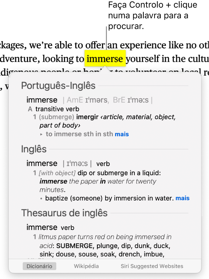 Um parágrafo com uma palavra em destaque e uma janela que mostra a sua definição e uma entrada do dicionário de sinónimos. Os botões na parte inferior da janela fornecem hiperligações para o dicionário, a Wikipédia e os sites sugeridos por Siri.