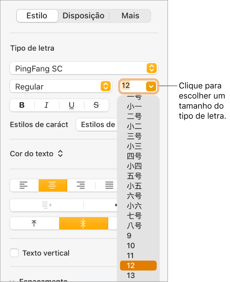 A secção "Estilo” da barra lateral "Formatação” com o menu pop-up do tamanho do tipo de letra aberto. Os tamanhos do tipo de letra padrão do governo da China continental aparecem na parte superior do menu com os tamanhos em pontos abaixo.