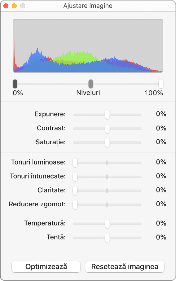 Fereastra Ajustare imagine cu glisoare pentru configurarea expunerii, contrastului, saturației, tonurilor luminoase și întunecate, clarității, reducerii zgomotului, temperaturii și nuanței.