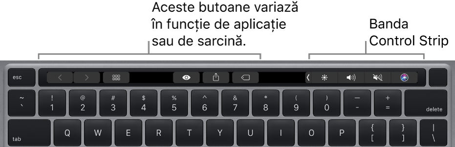 Tastatură cu Touch Bar deasupra tastelor numerice. Butoanele pentru modificarea textului se află în partea stângă și centrală. Funcționalitatea Control Strip din partea dreaptă are comenzi de sistem pentru luminozitate, volum și Siri.