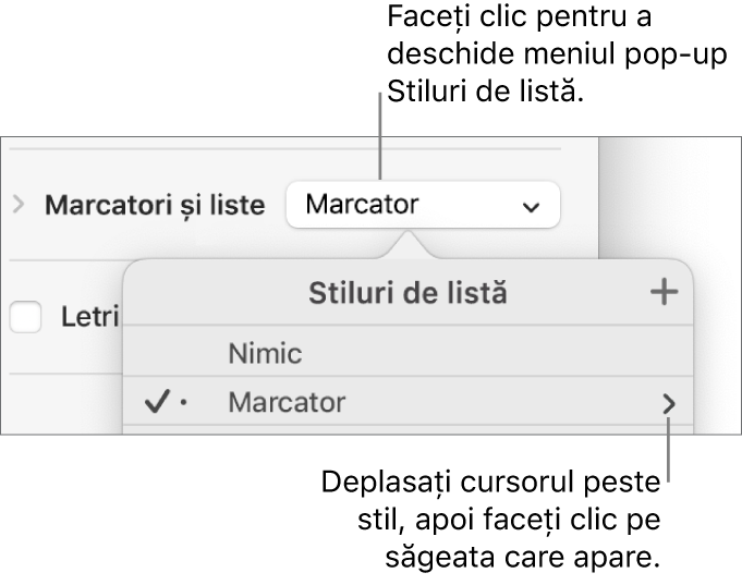 Meniul pop-up Stiluri de listă cu un stil selectat și o săgeată în extremitatea dreaptă.