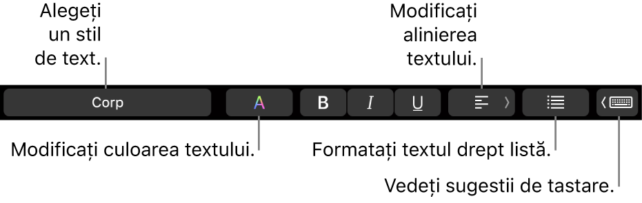 Bara Touch Bar de pe MacBook Pro, cu comenzi pentru alegerea unui stil de text, schimbarea culorii textului, schimbarea alinierii textului, formatarea textului ca listă și afișarea sugestiilor de scriere.