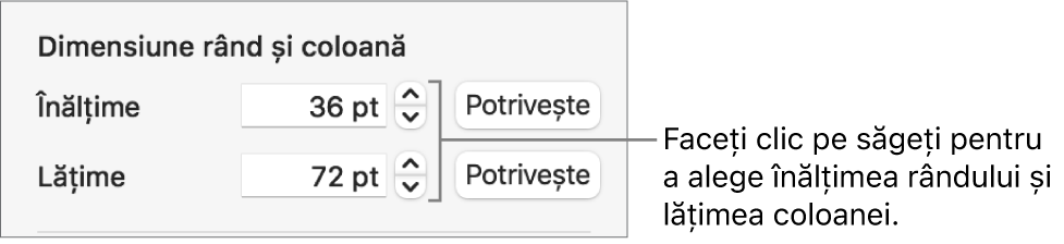 Comenzile pentru setarea unei dimensiuni precise a rândului sau coloanei.