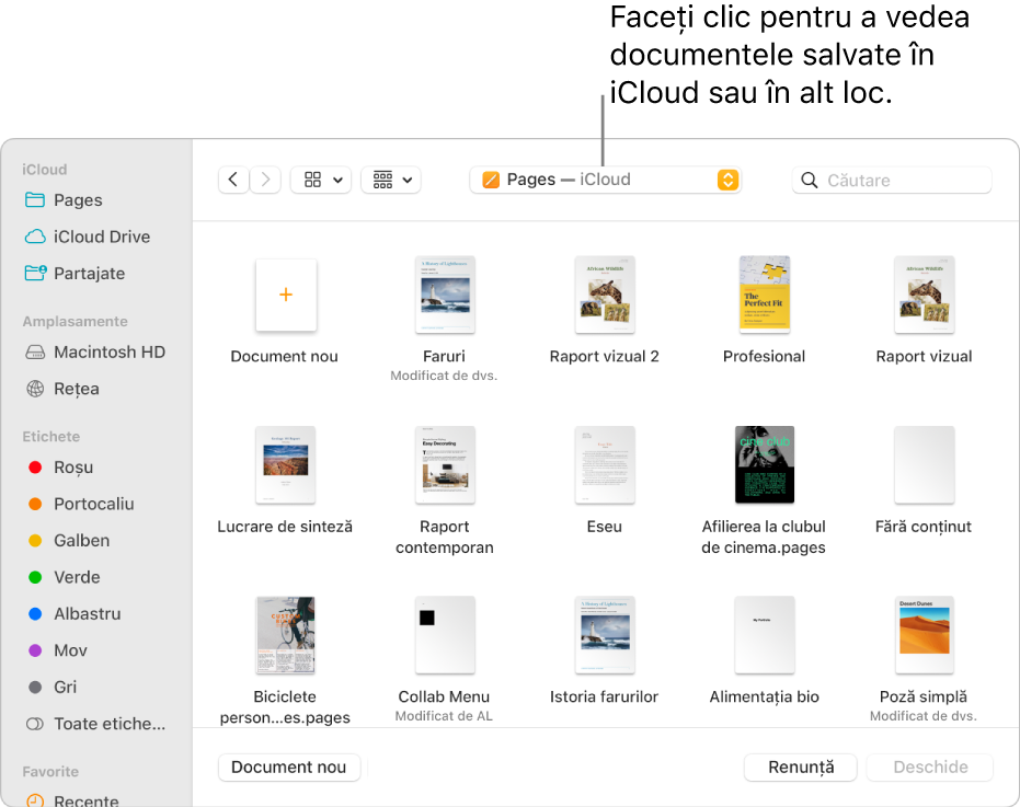 Dialogul Deschide cu bara laterală deschisă în stânga și iCloud Drive selectat în meniul pop-up din partea de sus. Dosarele pentru Keynote, Numbers și Pages apar în dialog împreună cu un buton Document nou.