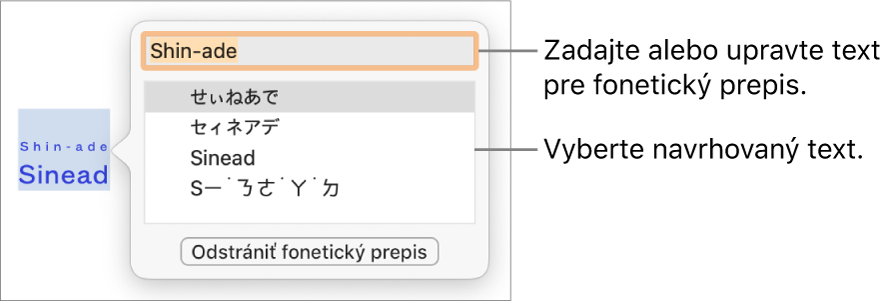 Otvorený fonetický prepis pre označené slovo s textovými bublinami na textovom poli a odporúčaný text.