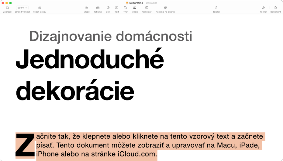 V otvorenom dokumente je označený vzorový text na šablóne.