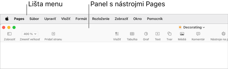 Menu lišta v hornej časti obrazovky s Apple, Pages, Súbor, Upraviť, Vložiť, Formátovať, Rozloženie, Zobraziť, Zdieľať, Okno a Pomocník menu. Pod lištou je otvorený dokument Pages s tlačidlami panela s nástrojmi v hornej časti pre funkcie Zobraziť, Zmeniť veľkosť, Pridať strany, Vložiť, Tabuľka, Graf, Text, Tvar, Médiá a Komentár.